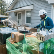 A worker in safety gear inspects boxes and materials outside a house, with an HVAC unit visible nearby.